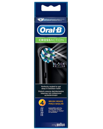 Oral-B CrossAction Black Toothbrush Heads Pack Of 4 Replacement Refills For Electric Rechargeable Toothbrush, Black Edition